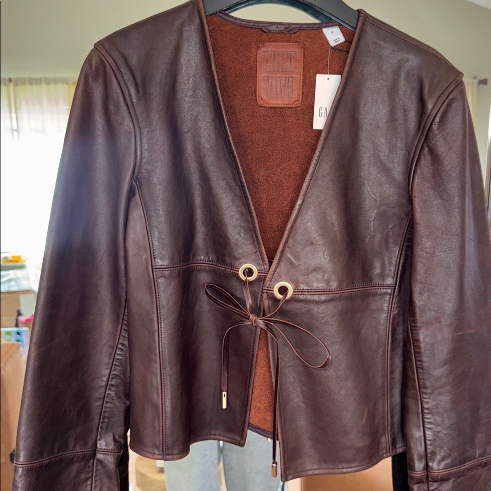 Cult Gaia Dark Brown Leather Tie-Front Jacket